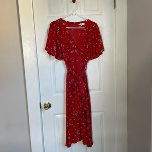 Anthropologie Entro red floral midi dress formal evening wedding buttons small
